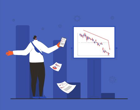 Minor shareholder reading reports about finance recession. Stock market crash. Financial analyst or advisor looking graphs and candles sticks. Collapsing stock prices. Vector flat color illustration.のイラスト素材