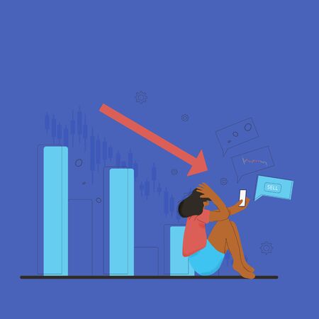 Minor shareholder. Stock market crash. Invest in the company's bonds fail. Young woman with phone grabbed her head surrounded investment symbols. Collapsing stock prices. Vector flat color illustration.のイラスト素材
