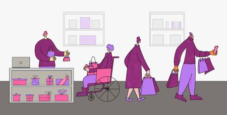 Gift store. Person in wheelchair byuing a present and going to pay with credit card. Two characters with shopping bags going to home. Sale concept. Vector illustration.のイラスト素材