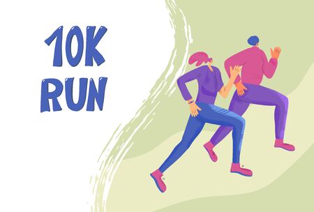 10k run banner template with running girls. Two young women in fashionable sportwear jogging. Female runners. Vector illustration.のイラスト素材