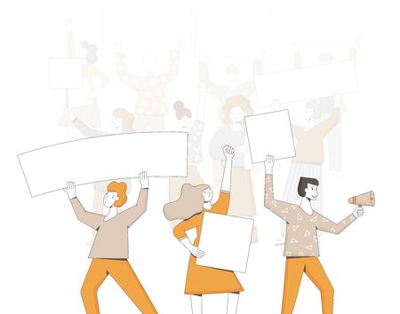 Protest. Crowd of people holding placards. Persons standing together with blanks. Group of men and...