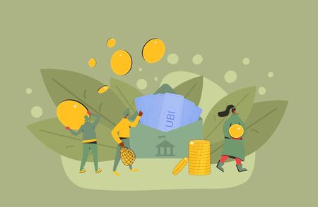Universal basic income. Unconditional guarantee. Living stipend. Governmental public program for a periodic payment to people. Vector flat illustration.のイラスト素材