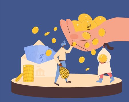 Universal basic income. Unconditional guarantee. Living stipend. Governmental public program for a periodic payment to people. Vector flat illustration.のイラスト素材