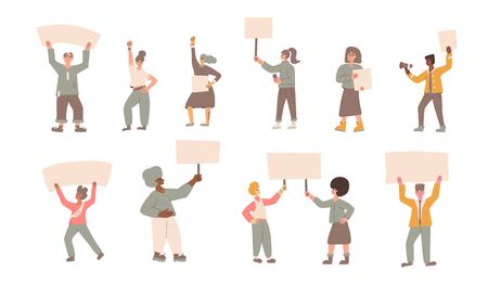 People holding placards isolated on white background. Persons standing with blanks. Men and women wearing in casual clothes with banners taking part in picket. Social activism. Vector illustration.のイラスト素材
