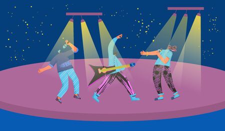 Song show. Music band performing on a stage. Three rock musicians singing with microphones and playing guitar. Young men and woman artists. Pop trio concept. Vector flat characters illustration.のイラスト素材