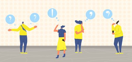 Pensive people team. Man and women dressed in casual clothes standing together in doubt. Person frustrated by current situation. Group of characters thinking about problems. Vector flat illustration.のイラスト素材