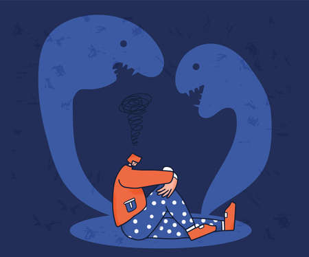 Fear. Mental disorder. Psychological issues. Young people with stress sitting on the floor. Vector illustartion.のイラスト素材