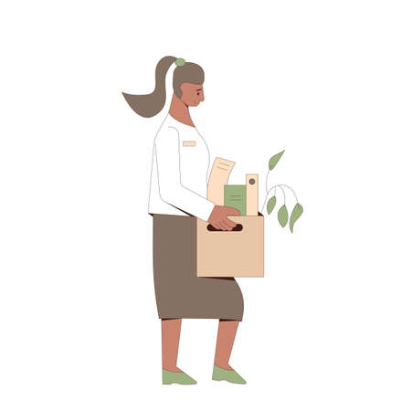 Unemployed woman. Dismissed sad character holding paper box. Work crisis. Fired unhappy young person standing with her stuff isolated on white background. Job search. Vector flat illustration.のイラスト素材