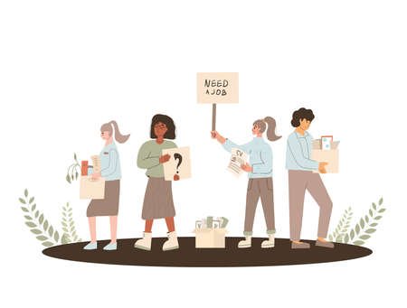 Protests against dismissal. Jobless people. Job search. Unemployed in search of work. Group of people shows the sign. Vector flat illustration.のイラスト素材