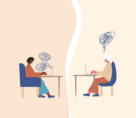 Psychological help online. Counseling concept. Internet therapy session with stressed patient. Psychiatrist and client talking about feeling. Couch listening sad woman. Vecotor flat illustration.のイラスト素材