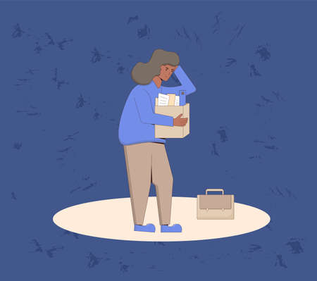 Unemployed woman. Dismissed sad character holding paper box. Work crisis. Fired unhappy young person standing with her stuff. Job loss. Vector flat illustration.のイラスト素材