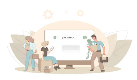 Unemployment concept. Dismissed sad characters holding paper box. Work crisis. Fired unhappy man and two women standing with his things. Job search. Vector flat illustration.のイラスト素材