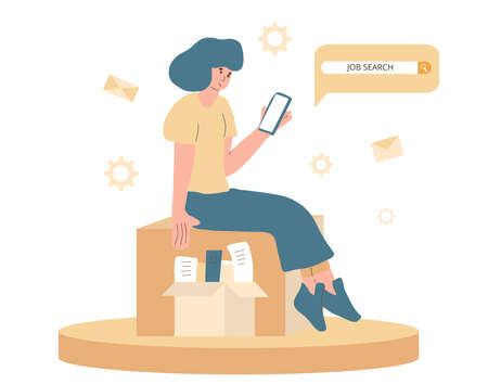 Unemployment character. Dismissed sad person with paper box. Fired unhappy young woman sitting with her things and tying to seach job with her phone isolated on white background. Vector illustration.のイラスト素材