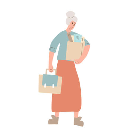 Unemployed woman. Dismissed sad character holding paper box. Work crisis. Fired unhappy senior person standing with her stuff isolated on white background. Job search. Vector flat illustration.のイラスト素材