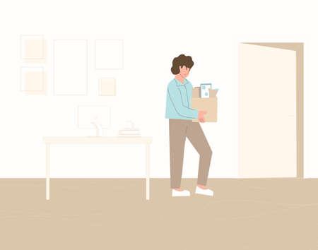 Unemployed man. Dismissed sad clerk holding paper box leaving his office. Work crisis. Fired man. Vector illustration.のイラスト素材