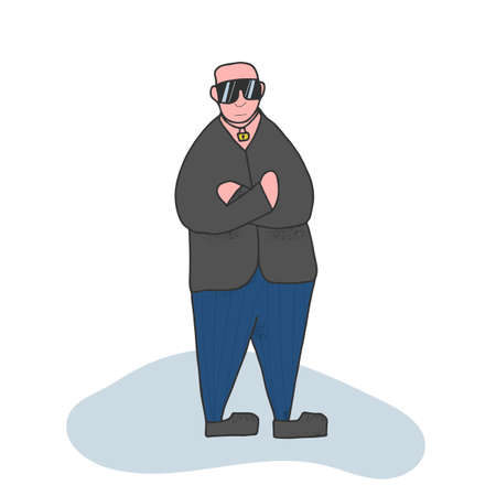 Security guard standing with arms crossed. Man wearing in a guards uniform and sun glasses isolated on white background. Vector illustration.のイラスト素材