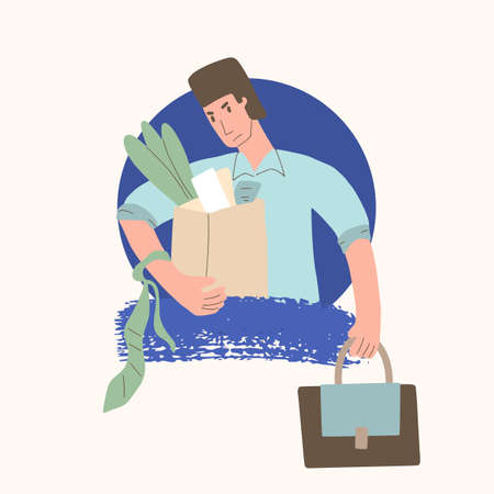 Unemployed character. Dismissed sad person holding paper box. Work crisis. Fired unhappy man portrait with his things isolated on white background. Job search. Vector flat illustration.のイラスト素材
