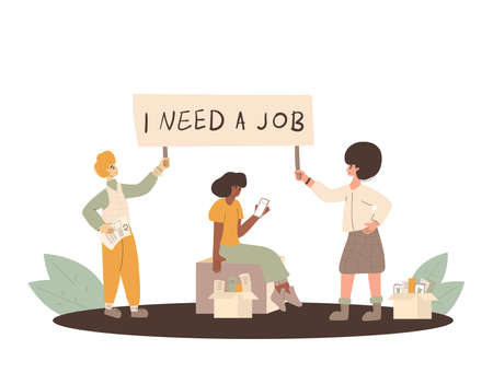 Protests against dismissal. Jobless people. Job search. Three unemployed in search of work. Group of...