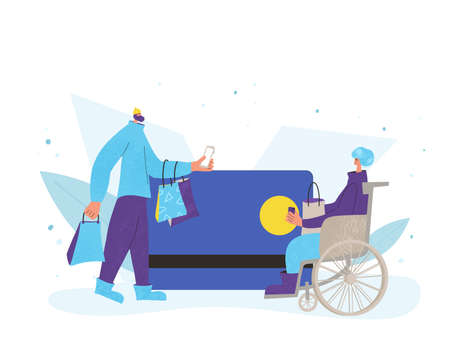 Online payment. Two characters with shopping bag. Tiny people with huge credit card scene. Sale concept. Vector flat illustration.のイラスト素材