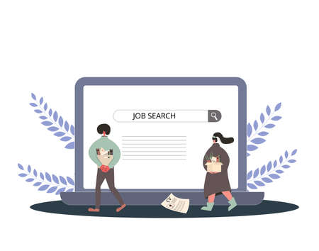 Job search concept. Dismissed people with boxes and huge laptop screen. Two unemployment characters.のイラスト素材