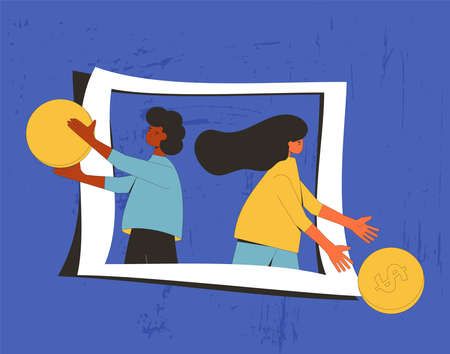 Money income concept. Two teenagers with big coins portrait. Line art flat vector illustration.のイラスト素材