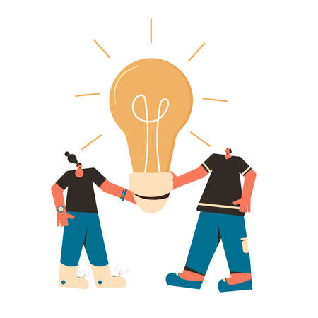 Creative idea team. Startup project concept. Find a solution together. Vector characters with creative new idea symbol isolated on white background.のイラスト素材
