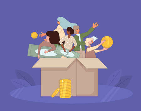 Fundraising concept. People in the box holding money the have got from volunteers. Line art flat vector illustration.のイラスト素材
