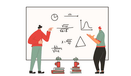 Colleagues in learning process. Two scientists argue. Math. Vector flat illustration.