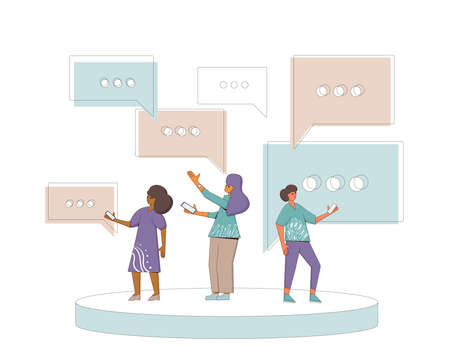 Communication concept. Three friends wearing in casual clothes standing and talking about something....