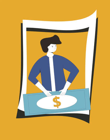 Man portrait with money. Line art flat vector character with huge paper currency.のイラスト素材