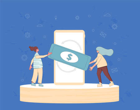 Mobile payment. Currency exchange concept. Financial services. Cryptocurrency. Digital money. Cash back. Two tiny teenage girls with huge phone and money. Line art flat vector illustration.のイラスト素材