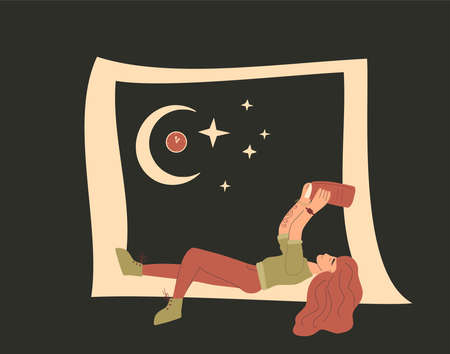 Female character reading a book at hight. Woman lying with new interesting novel. Vector hand drawn illustration.のイラスト素材