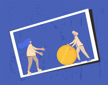 Family budget concept. Young pair rolling a huge coin each other. Line art flat vector illustration.