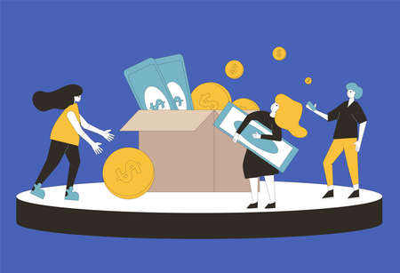 Donation concept. Young people raising money together. Characters with huge coins and box. Social investment with volunteers. Line art flat vector illustration.のイラスト素材
