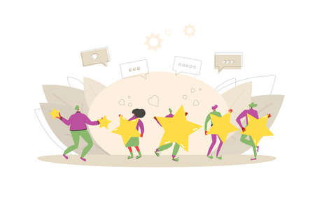 Customer review rating. Feedback concept. Happy clients standing and dancing with gold stars and comment speech bubbles. Service rating. Vector flat illustration.のイラスト素材