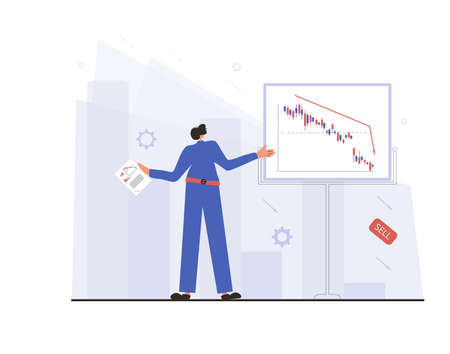 Analyst Report. Invest in the company's bonds. Minor shareholder get a report about stock market crash. Man presentation about collapsing stock prices. Vector flat color illustration.のイラスト素材