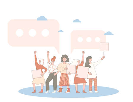 Feminism. Protest. Female activists holding placards. Girls standing together with blanks for their rights. Women with banners taking part in parade, picket, manifestation. Vector line illustration.のイラスト素材