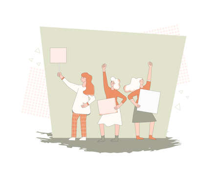 Feminism. Protest. Female activists holding placards. Girls standing together with blanks for their rights. Women with banners taking part in parade, picket, manifestation. Vector line illustration.のイラスト素材