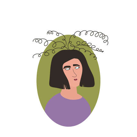 Woman in depression portrait. Female person with psychological problems. Girl needed professional support. Mental health. Vector flat illustration.のイラスト素材