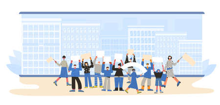 Protest. growd of people holding placards. Persons standing together at the street with blank...