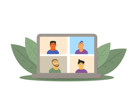 Video conference. Family distance talk. Group of coworkers taking part in business conference. Online call or meeting for a remote job. Stream friends. Chatting from home. Vector flat illustration.のイラスト素材