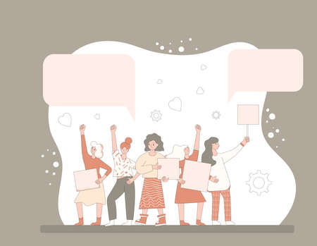 Feminism. Protest. Female activists holding placards. Girls standing together with blanks for their rights. Women with banners taking part in parade, picket, manifestation. Vector line illustration.のイラスト素材
