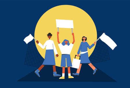 Feminism protest. People holding placards. Female persons standing together with blank banners. Group of women with banners taking part in parade, picket. Social activism. Vector illustration.のイラスト素材