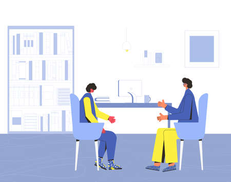 Psychotherapy. Counseling. Tennager patient with psychologist or psychotherapist sitting and talking about depression, school problems, bullying. Professional support. Mental health. Vector flat illustration.のイラスト素材