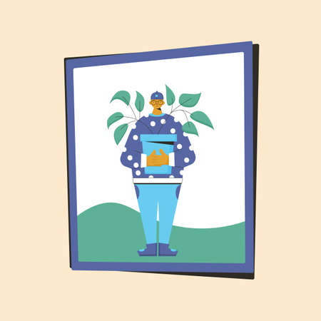 Indoor plants lover. Person wearing in casual clothes holding in hands potted flower. Man with houseplants. Vector color flat illustration.のイラスト素材