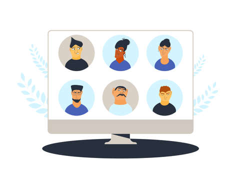 Video conference. Family distance communication. Group of coworkers taking part in interactive conference. Online call or meeting for a job. Stream friends. Chat from home. Vector flat illustration.のイラスト素材