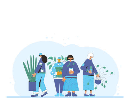 Plant lovers club. Smiling persons wearing in cozy clothes holding in hands indoor flower. Plants...
