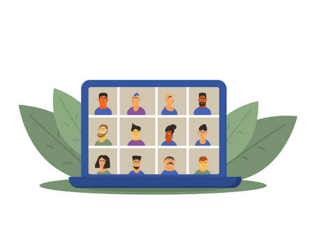 Video conference. Family distance communication. Group of coworkers taking part in visual conference. Online call or meeting for a job. Stream friends. Chatting from home. Vector flat illustration.のイラスト素材