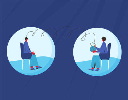 Psychologist online. Couch session from home with social distancing. Mental health. Vector flat illustration.のイラスト素材