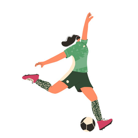 Young female soccer player wearing in uniform. Woman football athlette dressed in sportwear and boots with sport ball isolated on white background. Vector flat character.のイラスト素材
